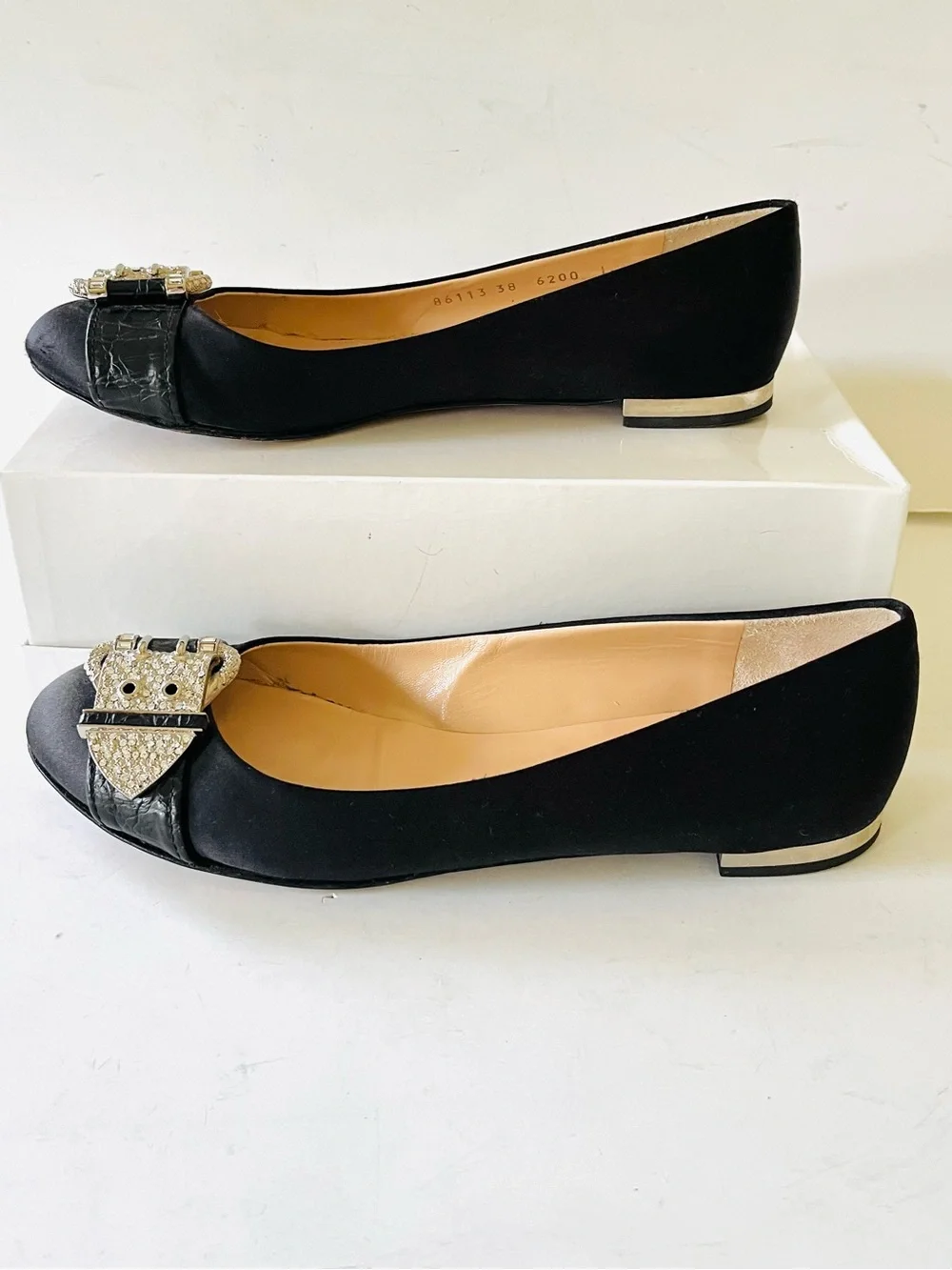 Guiseppe Zanotti black satin flats with pave embellishment 38